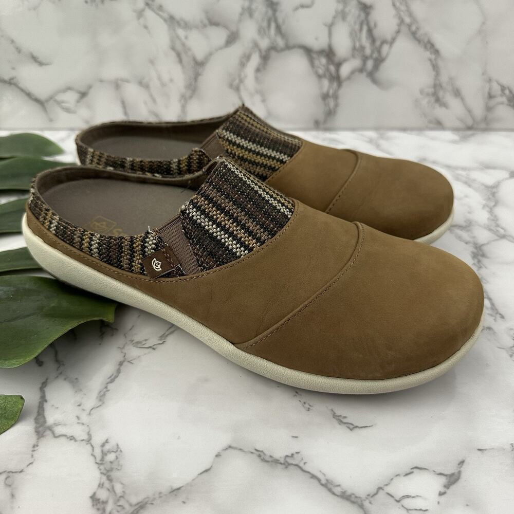 Spenco Womens Mules Comfort Flats Size 8 Brown Suede Woven Trim Slip on